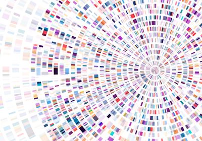 Conceptual image of DNA sequencing map with concentric multicolor squares on a white background.