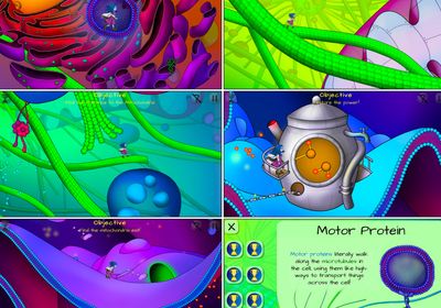 A panel of screenshots from the computer animated game Microscopya, developed by Beata Science Art.