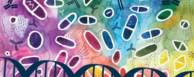 Watercolor illustration of DNA helix overlaid on colorful background with different medications.