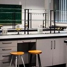 Empty lab with desks and stools