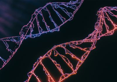 Two parallel DNA strands against a black background.