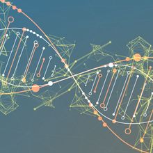 Conceptual vector image of orange and white DNA and abstract yellow data points on a blue background.