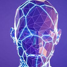 3D wireframe conceptual image of a human head with a white netting overlay on a purple background.