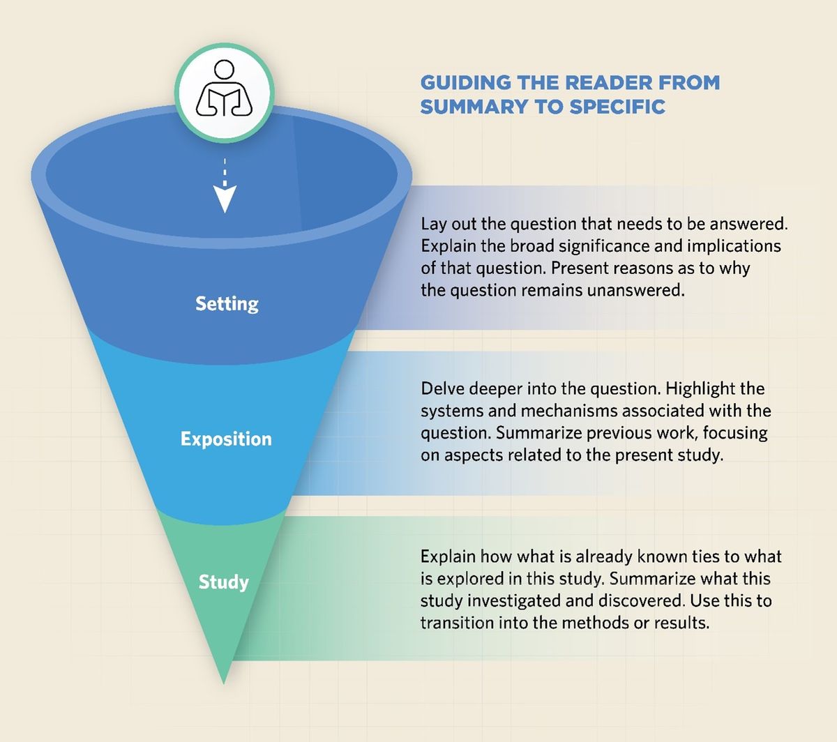 A three-step funnel explaining how the introduction guides the reader from summary to specific. The first phase should lay out the question that needs to be answered. The second phase should delve deeper into that question, and the final phase should tie what is already known with what is explored in this study.