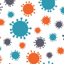 An illustration of orange, blue, and grey lentiviral particles on a white background.