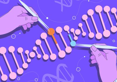 Two hands holding tweezers and dissecting single points in a DNA sequence.