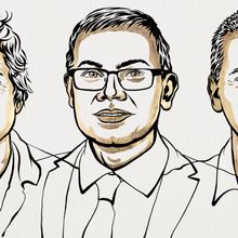 Black and gold sketch of David Baker, Demis Hassabis, and John Jumper.<strong >&nbsp;</strong>