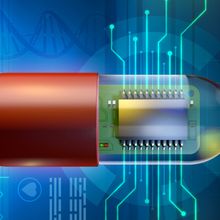 Conceptual 3D image of AI powered biopharma research and discovery, showing a microchip inside a medicinal capsule.