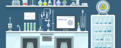 Colorful illustration of a laboratory environment showing a benchtop and lab equipment.