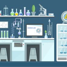 Colorful illustration of a laboratory environment showing a benchtop and lab equipment.