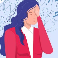 Vector illustration of a woman wearing a red blazer and white shirt, holding her head as she struggles with stress and anxiety.