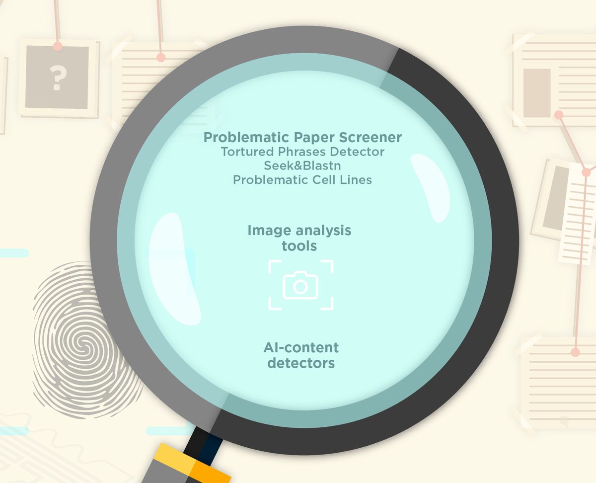 Graphic of a magnifying glass over different tools for detecting misconduct, including the Problematic Paper Screener, image analysis tools, and AI-content detectors. 