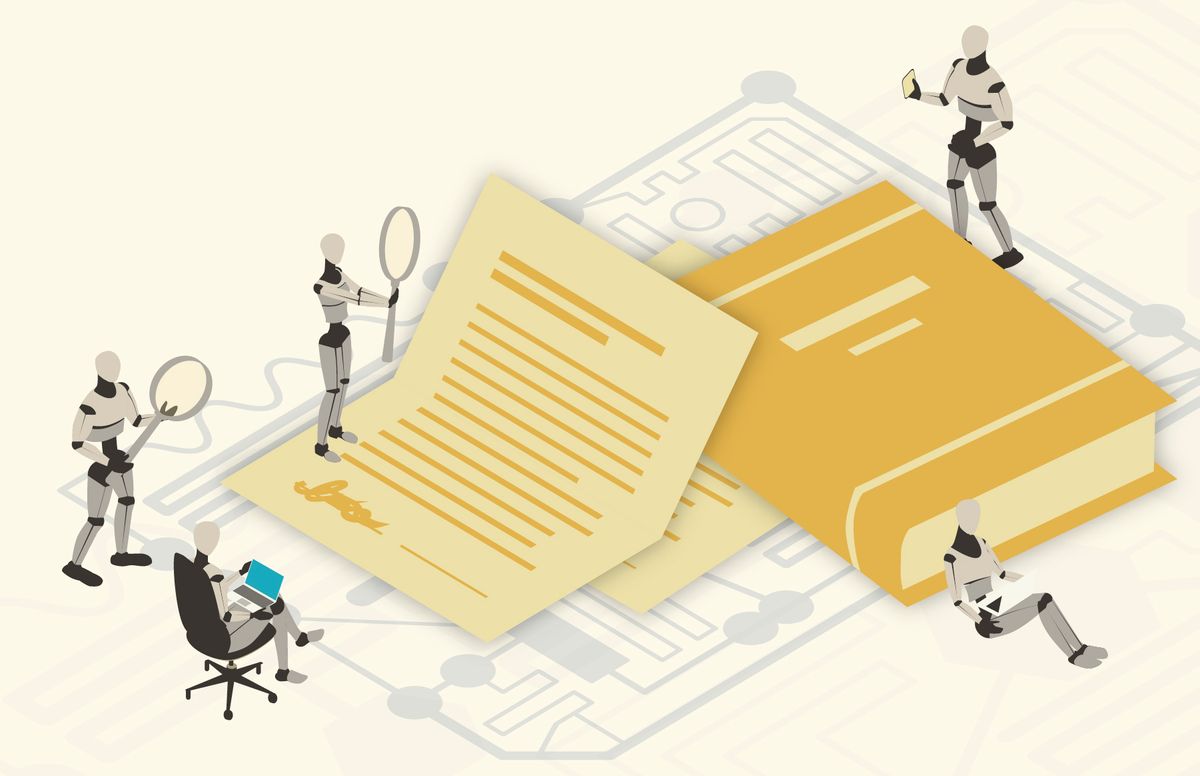 Graphic of five robots surrounding a piece of paper and a book inspecting the information.