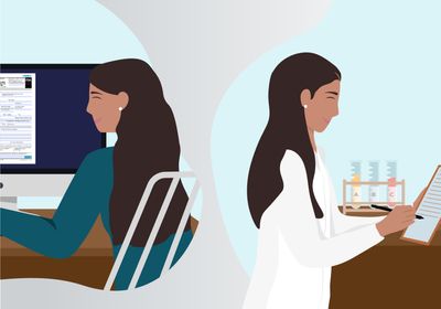 Nathalie Fuentes, a senior scientist at AstraZeneca, is shown completing two of her roles: on the left, she prepares regulatory paperwork for a new drug, while on the right, she documents information from stability testing a new drug.