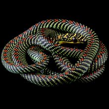 A black snake encircled with pattens of red and yellow spots, curled up against a black background.