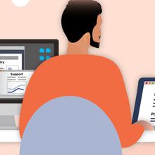 Illustration of Carlo Quintanilla, a health science policy analyst at the National Institute of Child Health and Human Development, at his desk creating a report (right monitor) that summarizes the impact of policies based on data about them that he has researched (left monitor).