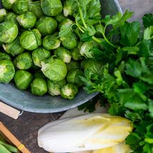 Image of Brussels sprouts and endives on a wooden background.