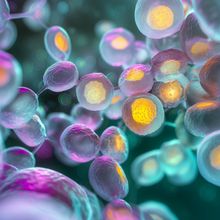 Cancer cells colored purple and green with yellow nuclei