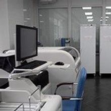 Laboratory room. Light interior. Medical equipment. Without man. Furniture and appliances.