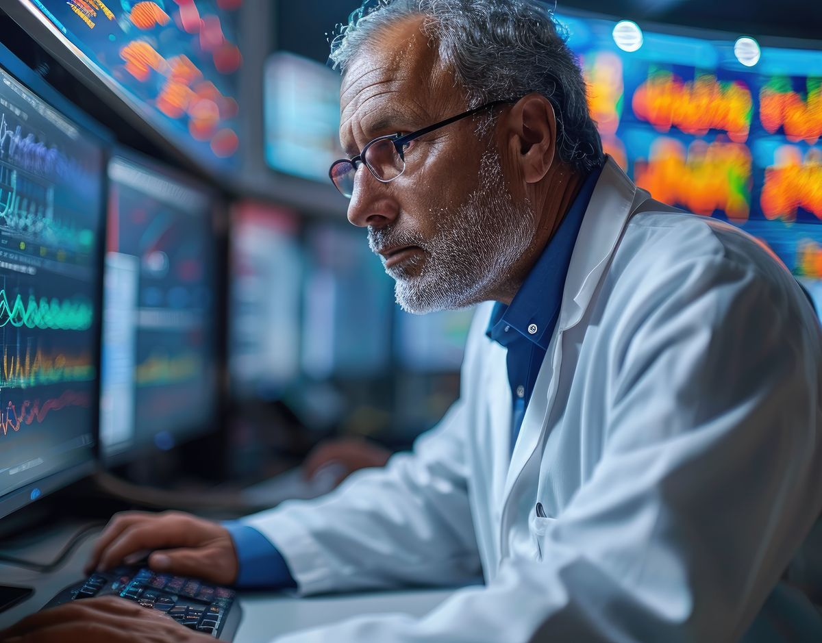 A scientist in a lab coat analyzes data on a monitor