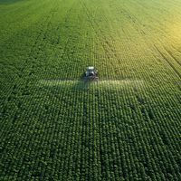 a tractor moves through a green field