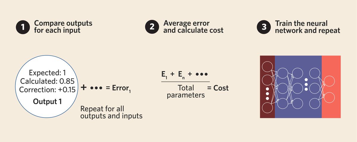 Simplified visual of how a neural network calculates the cost function in a data set and then applies this to its algorithm during training.