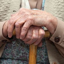 An elderly person in beige shirt and a knitted, cream-colored vest holds a wooden walking stick.