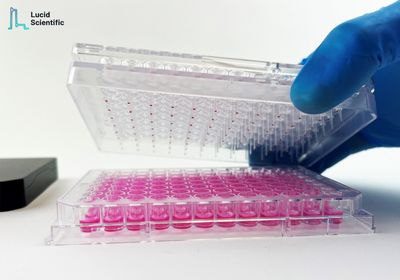 A photo of a scientist placing a sensing lid onto a 96-well microplate before attaching Resipher.