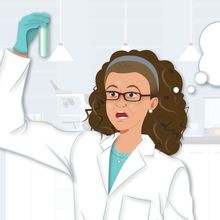 A scientist in a laboratory looks surprised. She holds a tube in one hand.&nbsp;