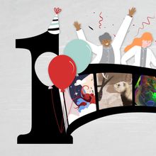 An illustration of scientists in white lab coats celebrating on an unfolding reel of different TS digest issues.