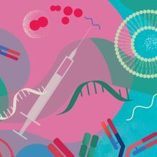 cartoon image showing colorful collection of syringes, coronavirus particles, and mrna to represent the vaccine development