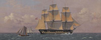 Image of The 84-Gun Danish Warship &quot;Dronning Marie&quot; in the Sound by Christoffer Wilhelm Eckersberg, a painting that depicts one large and two small Danish ships in the sea.