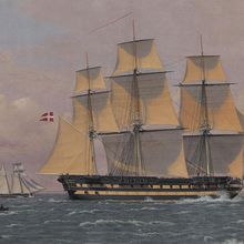 Image of The 84-Gun Danish Warship &quot;Dronning Marie&quot; in the Sound by Christoffer Wilhelm Eckersberg, a painting that depicts one large and two small Danish ships in the sea.