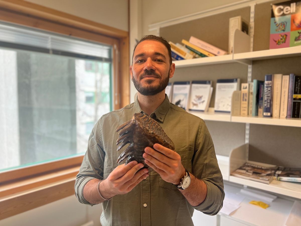 David Díez del Molino wears a button down shirt and holds a large brown mammoth tooth.