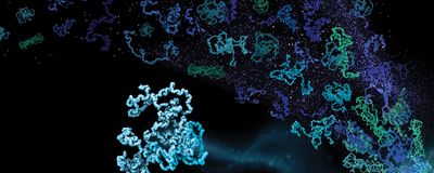 Collection of green and blue proteins with different conformations on a black background.