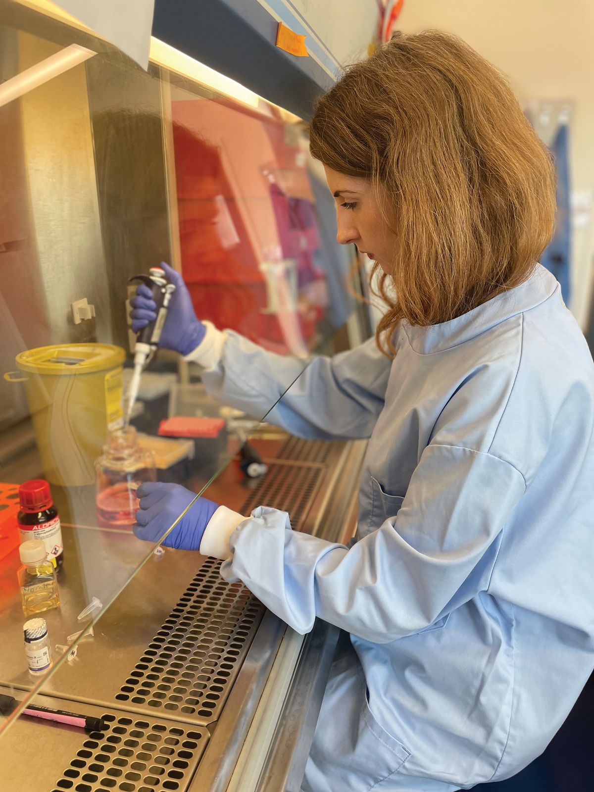 Norah Fogarty pipetting reagents in a lab hood.