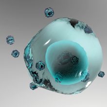 3D illustration of a cell with a teal nucleus.