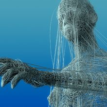 Conceptual 3D rendering of human body consisting of grey strings on blue background.