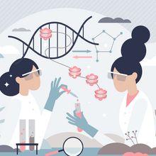 Two female scientists in lab coats and safety glasses are studying epigenetics. One uses a dropper to add a chemical to a test tube held by the other. In the background are a DNA double helix, histones and chromatin structure, and environmental factors that affect the epigenome.