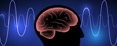 Illustration of a pink brain in a silhouette on a background with brainwaves.