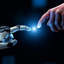 A robot hand makes contact with a human finger on a dark blue background.