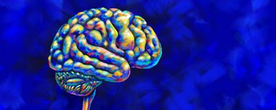 Multicolored brain against a blue background.