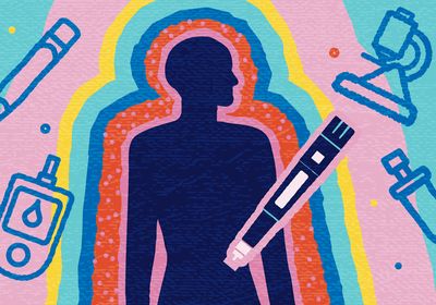 An illustration of a person getting a semaglutide injection, surrounded by imagery representing an abstract concept of diabetes management.