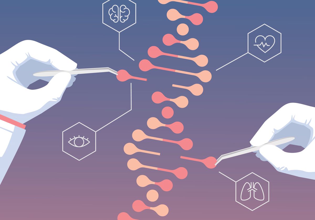 Two hands pulling out bases from DNA using tweezers.