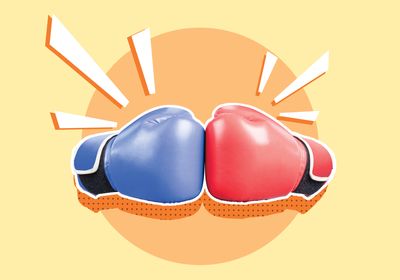 An illustration shows two boxing gloves, one red and one blue, giving a fist bump against a yellow background.