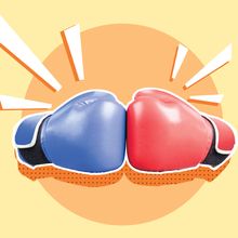 An illustration shows two boxing gloves, one red and one blue, giving a fist bump against a yellow background.