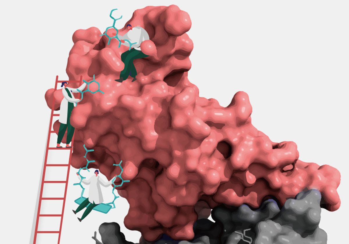 A conceptual illustration of scientists evaluating potential kinase inhibitors.