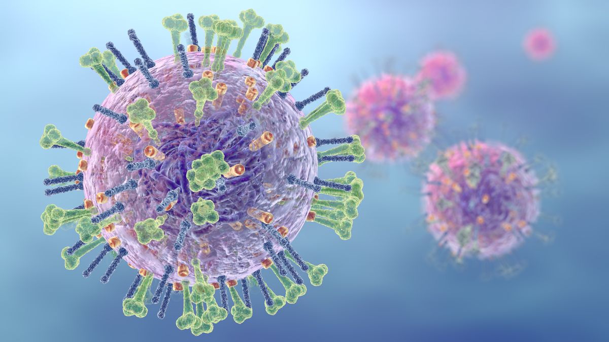 Stylized rendering of a virus, focusing on virion surface proteins. One large virion is prominent in the foreground while four float in the background.