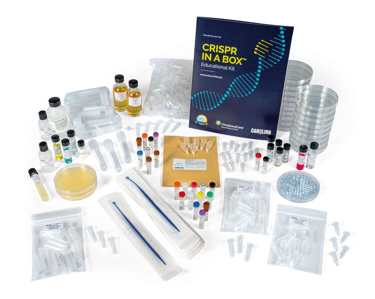 A photo depicting the contents of the CRISPR in a Box kit.