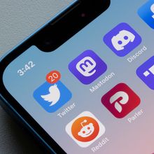 An iPhone screen with the app icons for Twitter and Mastodon side by side. Other apps are arranged in rows around them.